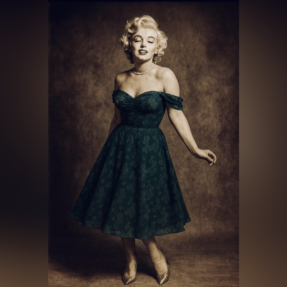 Unique Vintage 1950s Teal Green Jacquard Off Shoulder Flare Dress, Size  XL, NWT - Picture 14 of 15